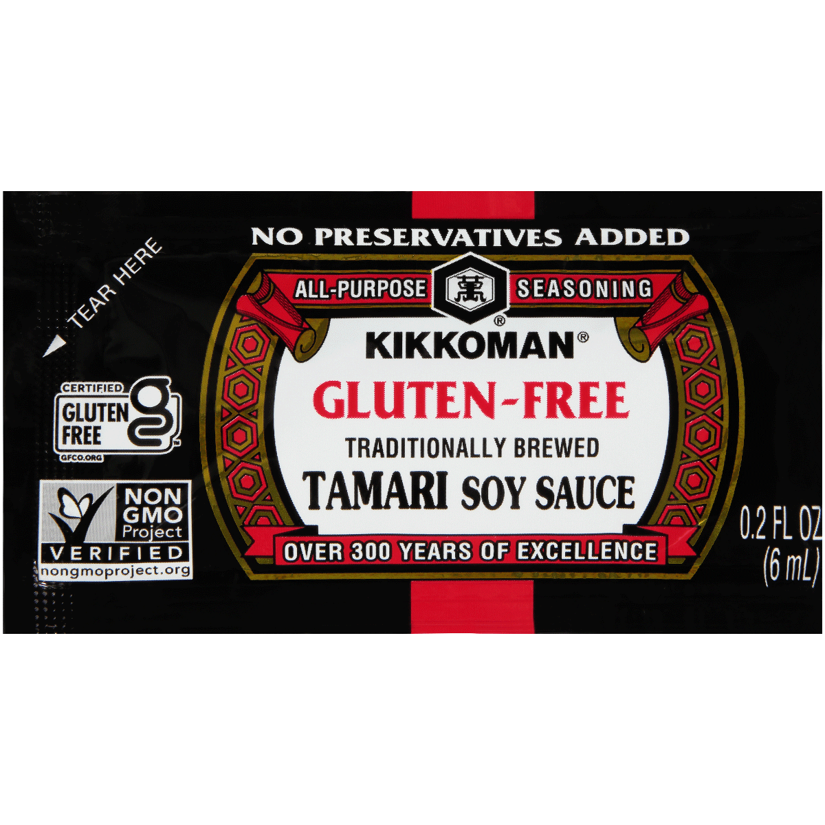 A Kikkoman gluten-free tamari soy sauce packet, labeled as non-GMO and containing 0.2 fl oz (6 mL), with "no preservatives added" stated at the top.