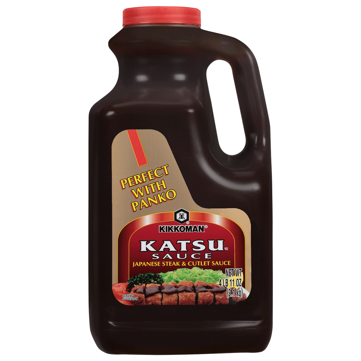 A 64 fl oz bottle of Kikkoman Katsu Sauce labeled "Japanese steak & cutlet sauce" with an image of a breaded cutlet dish on the front.