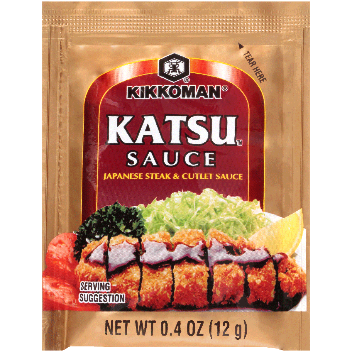 A gold packet of Kikkoman Katsu Sauce labeled "Japanese Steak & Cutlet Sauce," with an image of breaded cutlet, sauce, vegetables, and lemon slice. Net weight is 0.4 oz (12g).