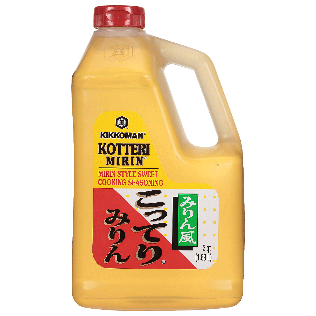 A 2-quart plastic bottle of Kikkoman Kotteri Mirin, a sweet mirin-style cooking seasoning, with a yellow label and red cap.