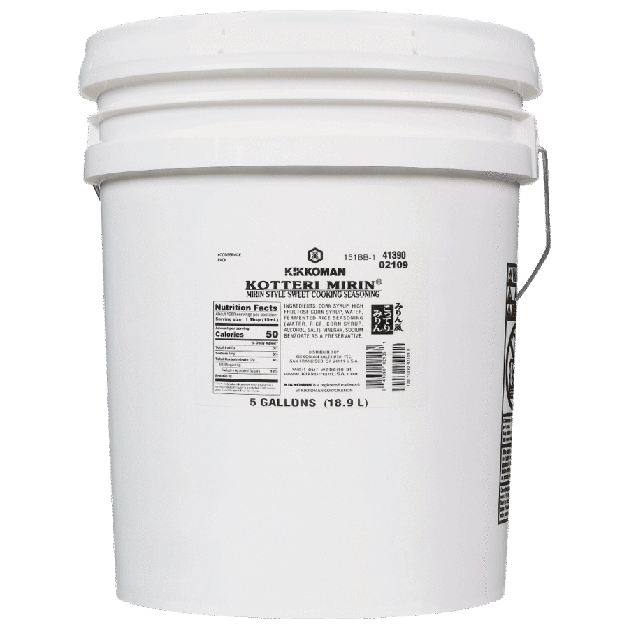 A white 5-gallon (18.9 L) plastic bucket labeled "Kikkoman Kotteri Mirin," featuring nutrition facts and a metal handle.