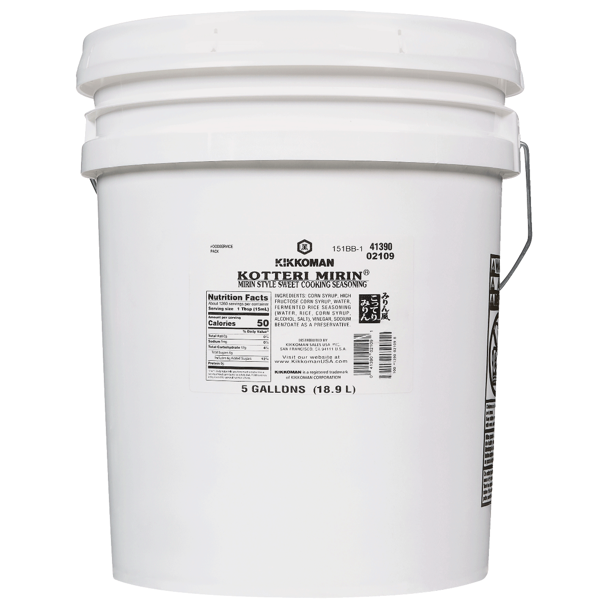 A white 5-gallon (18.9 L) plastic bucket labeled "Kikkoman Kotteri Mirin," featuring nutrition facts and a metal handle.