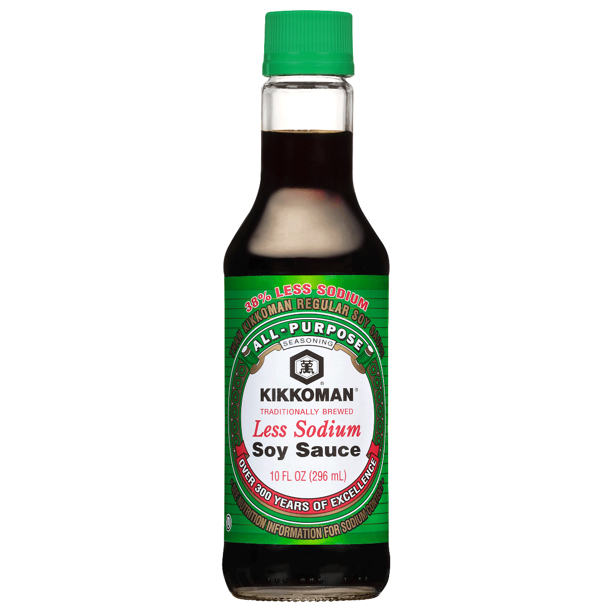 A 10 fl oz bottle of Kikkoman Less Sodium Soy Sauce with a green cap and label, stating "37% Less Sodium Than Regular Soy Sauce.