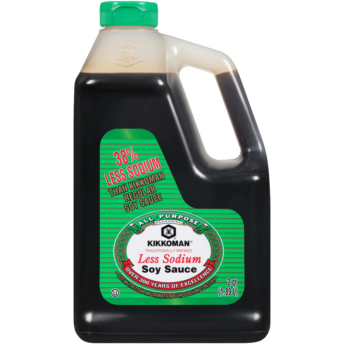 A 2-quart plastic bottle of Kikkoman Less Sodium Soy Sauce with a green label indicating 38% less sodium than regular soy sauce.