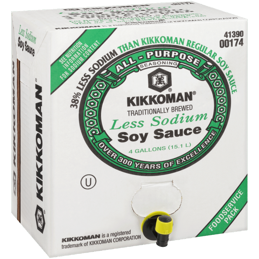 A 4-gallon box of Kikkoman Less Sodium Soy Sauce with a dispensing spout; packaging highlights 38% less sodium than regular soy sauce and foodservice use.