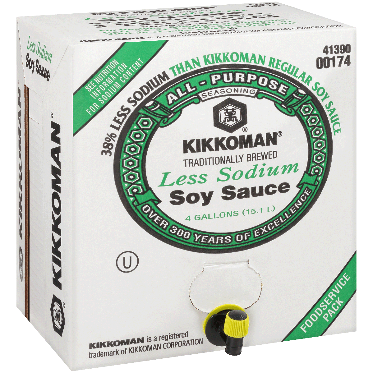 A 4-gallon box of Kikkoman Less Sodium Soy Sauce with a dispensing spout; packaging highlights 38% less sodium than regular soy sauce and foodservice use.
