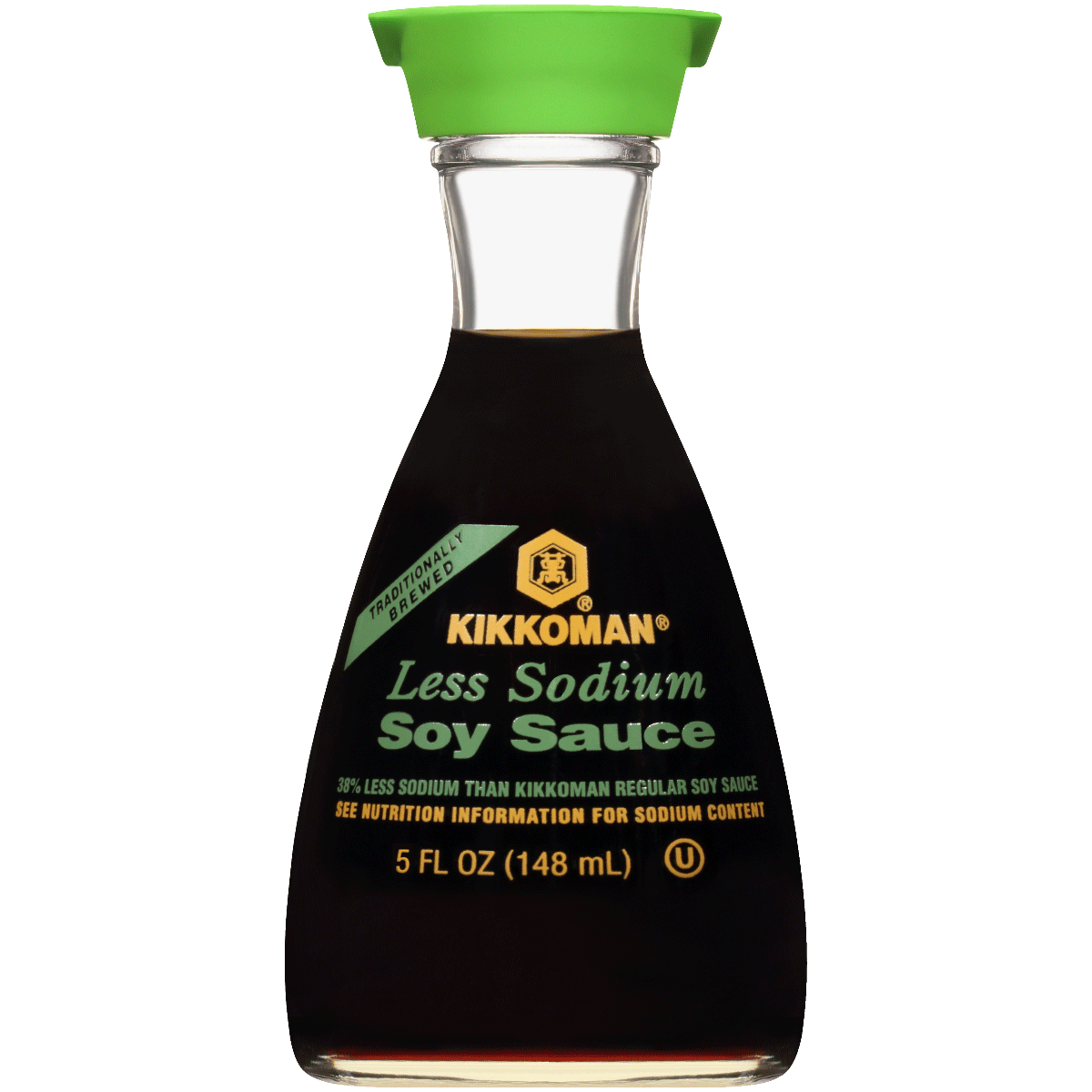 A 5 fl oz (148 mL) bottle of Kikkoman Less Sodium Soy Sauce with a green cap and label, featuring product and nutritional information.
