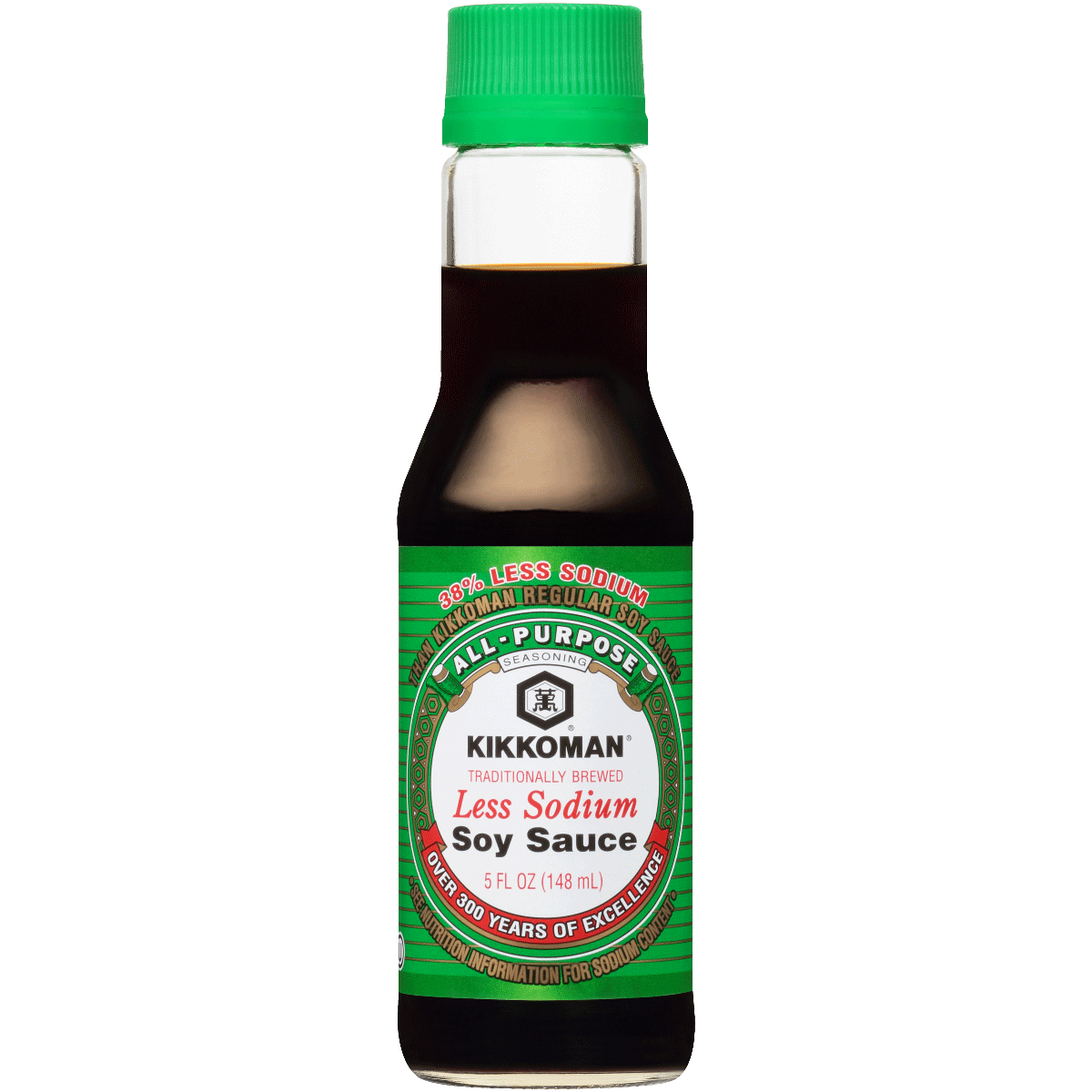 A 5 fl oz bottle of Kikkoman Less Sodium Soy Sauce with a green cap and green label, featuring product and brand information.