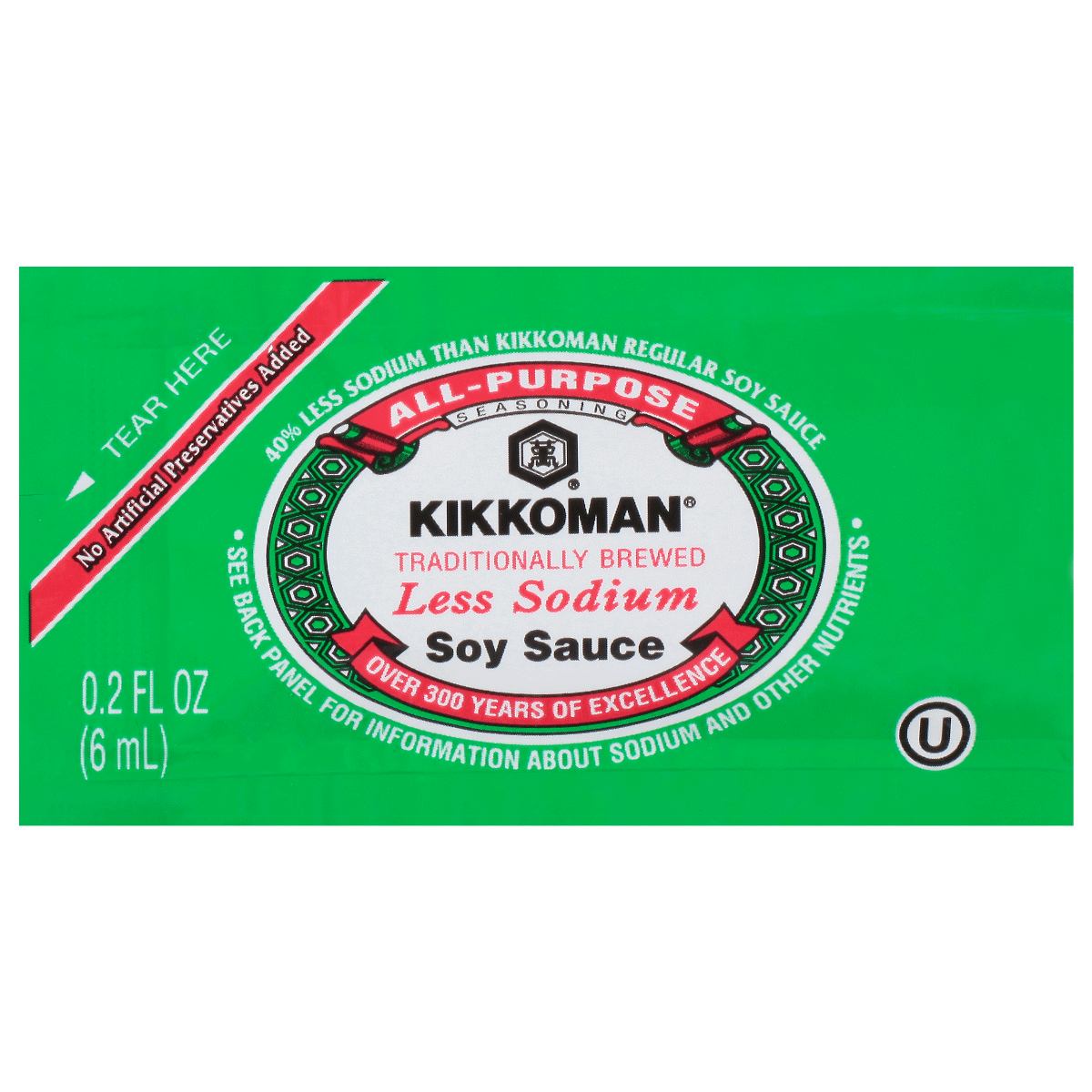 A green packet of Kikkoman Less Sodium Soy Sauce, 0.2 fl oz (6 mL), labeled "Traditionally Brewed" and "No Artificial Preservatives Added.