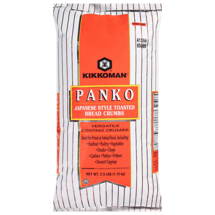 A 2.5 lb bag of Kikkoman Panko Japanese Style Toasted Bread Crumbs with red, white, and black packaging and product details on the front.