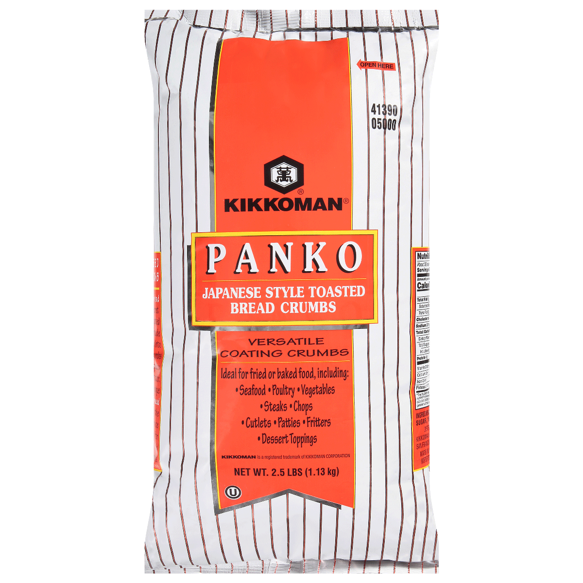 A 2.5 lb bag of Kikkoman Panko Japanese Style Toasted Bread Crumbs with red, white, and black packaging and product details on the front.