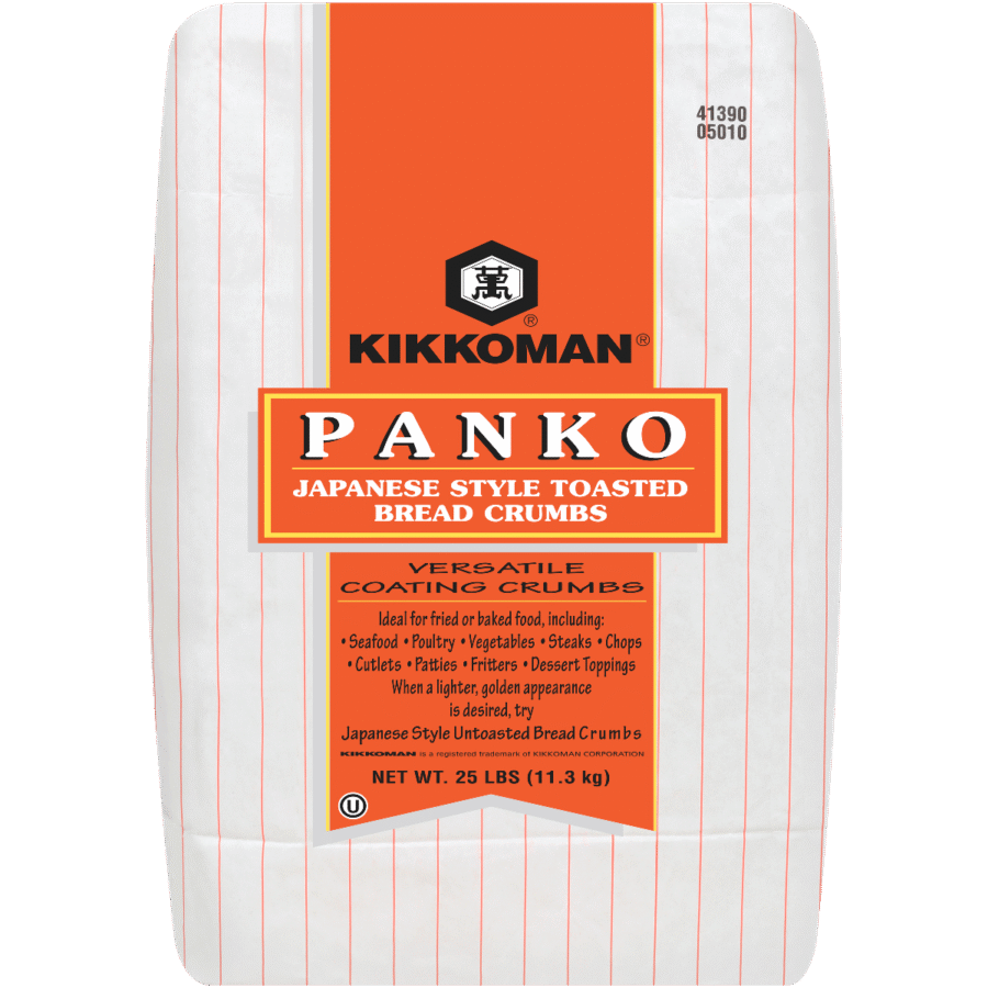 A 25 lb bag of Kikkoman Panko Japanese style toasted bread crumbs with orange and black label, featuring cooking suggestions and product details.