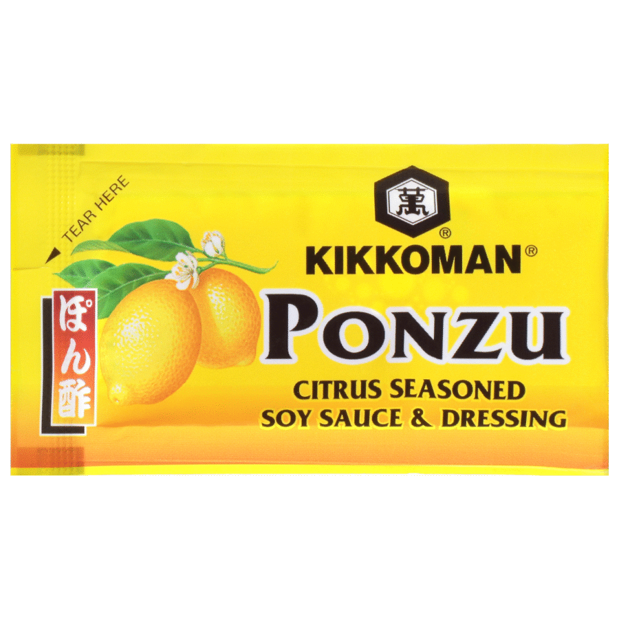 A yellow Kikkoman Ponzu packet labeled "Citrus Seasoned Soy Sauce & Dressing" with images of lemons and a tear here indicator.