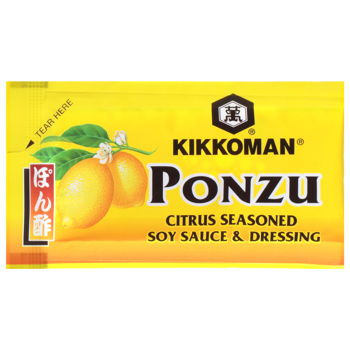 A yellow Kikkoman Ponzu packet labeled "Citrus Seasoned Soy Sauce & Dressing" with images of lemons and a tear here indicator.