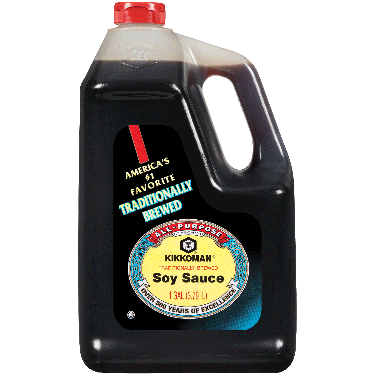 A 1-gallon (3.79L) plastic jug of Kikkoman all-purpose soy sauce with a red cap and handle.