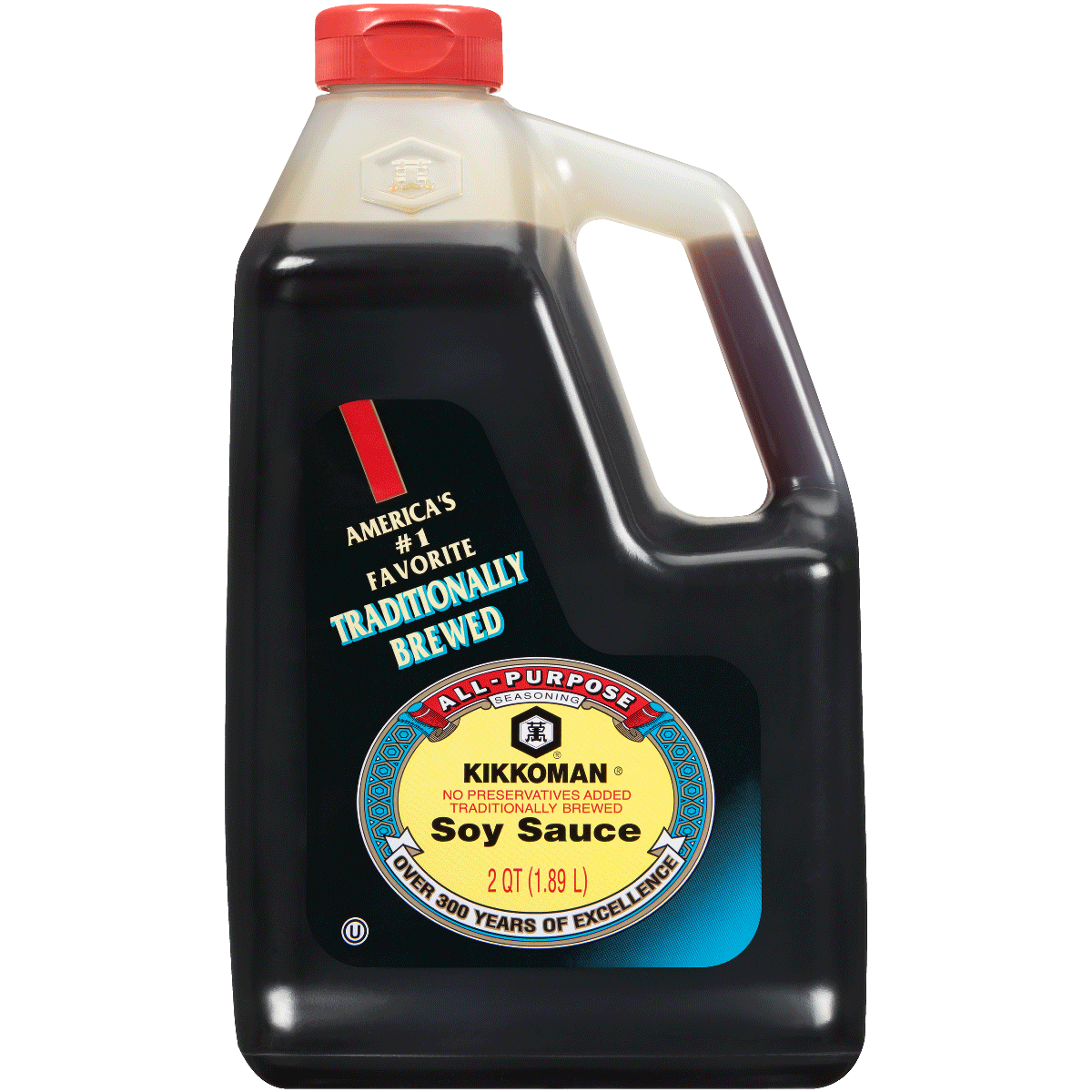A 2-quart plastic jug of Kikkoman traditionally brewed soy sauce with a red cap and labeled as America's #1 favorite.