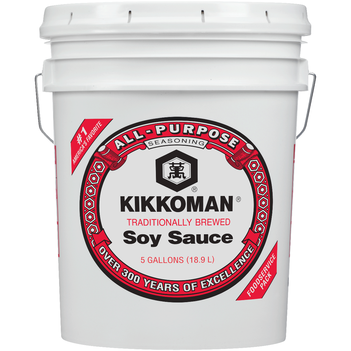 A white 5-gallon bucket labeled "Kikkoman Traditionally Brewed Soy Sauce" with red and black text and decorative accents.