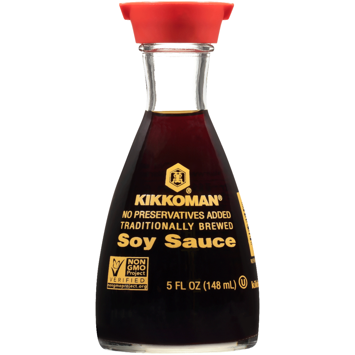 A 5 fl oz (148 mL) glass bottle of Kikkoman traditionally brewed soy sauce with a red cap and yellow label text.
