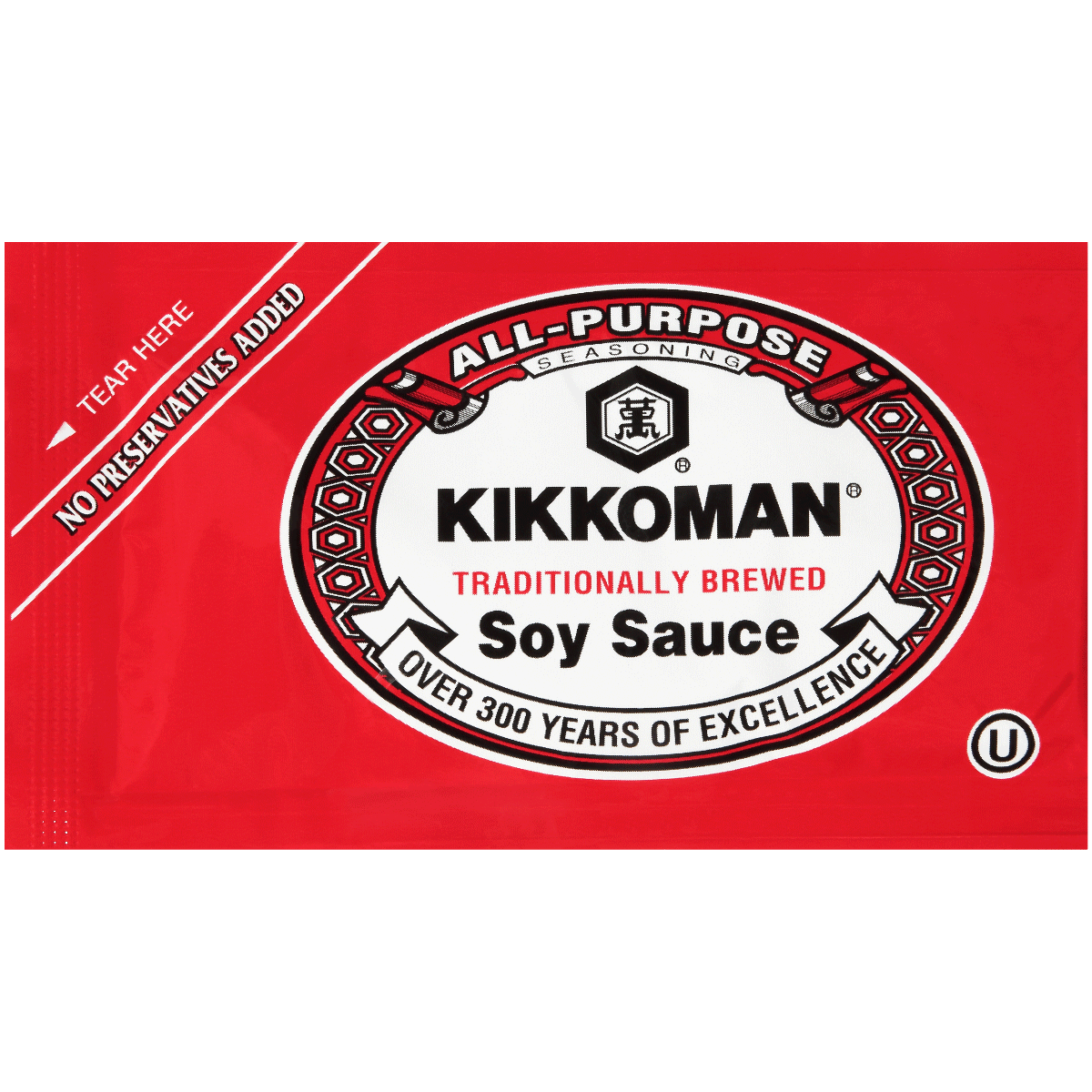 A red packet of Kikkoman traditionally brewed all-purpose soy sauce featuring branding and text about no preservatives added.