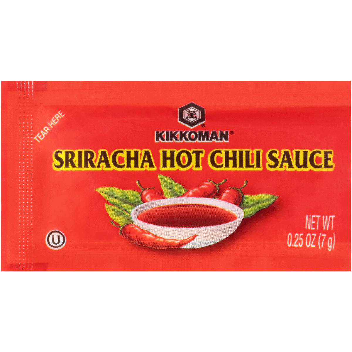 A red packet of Kikkoman Sriracha Hot Chili Sauce featuring an image of chili peppers and a bowl of sauce. Net weight is 0.25 oz (7g).