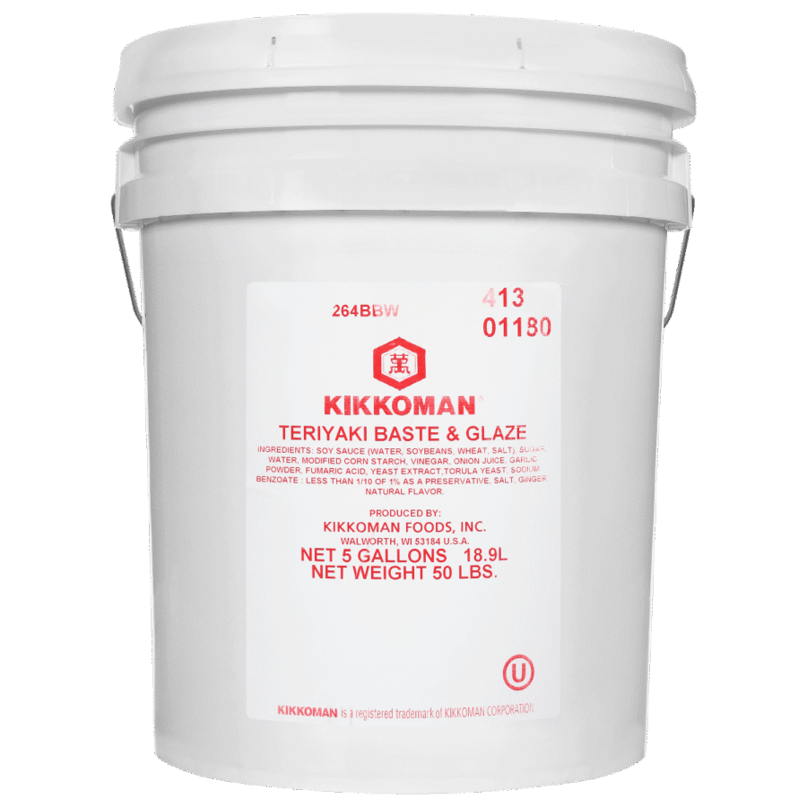 A white 5-gallon bucket labeled "Kikkoman Teriyaki Baste & Glaze" with product information and red text on the front.