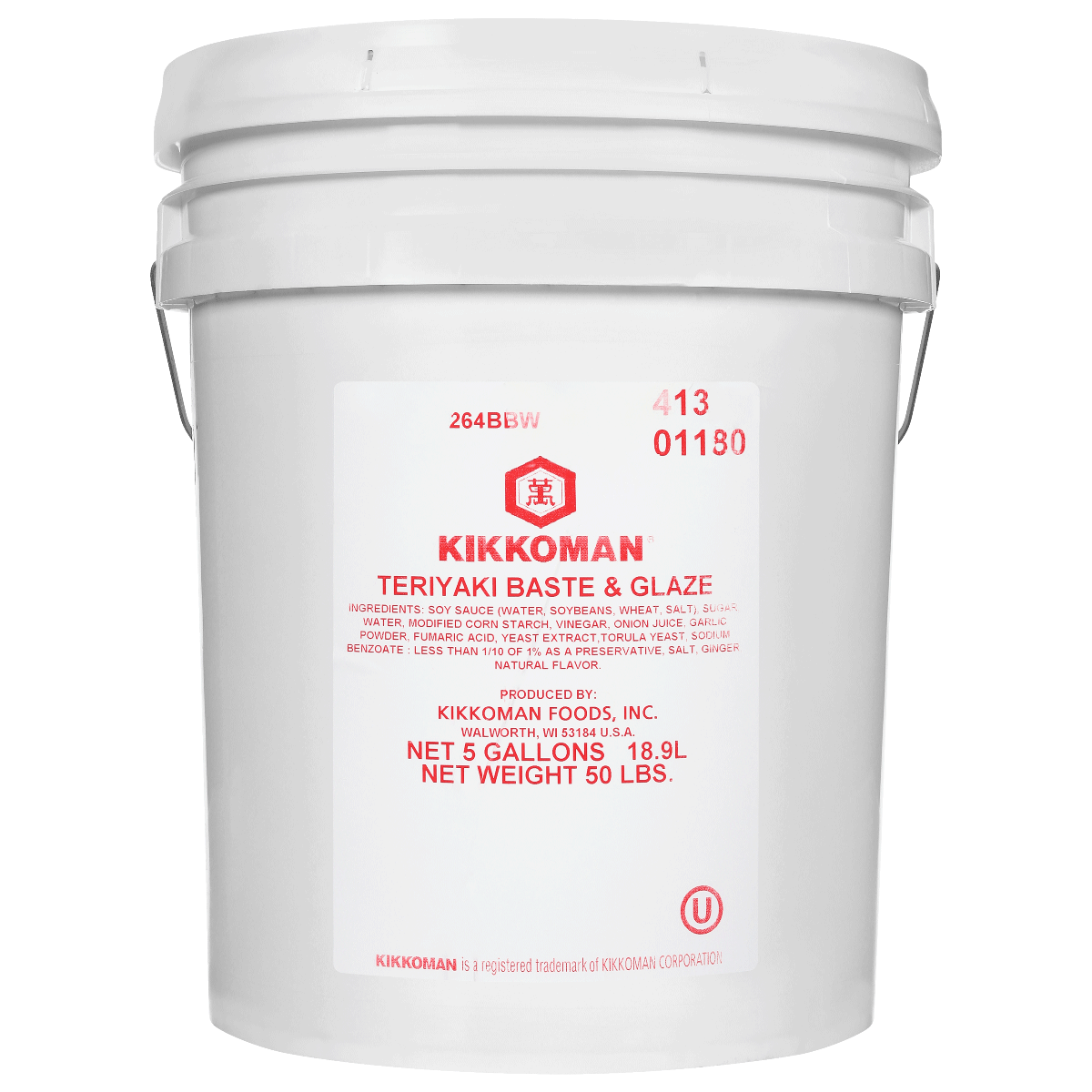 A white 5-gallon bucket labeled "Kikkoman Teriyaki Baste & Glaze" with product information and red text on the front.