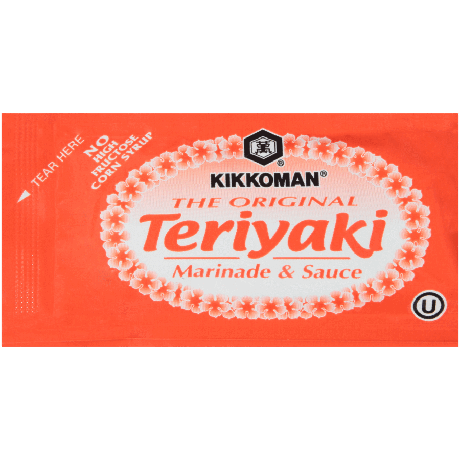 A single-serve packet of Kikkoman The Original Teriyaki Marinade & Sauce with a red floral border and product information on the front.