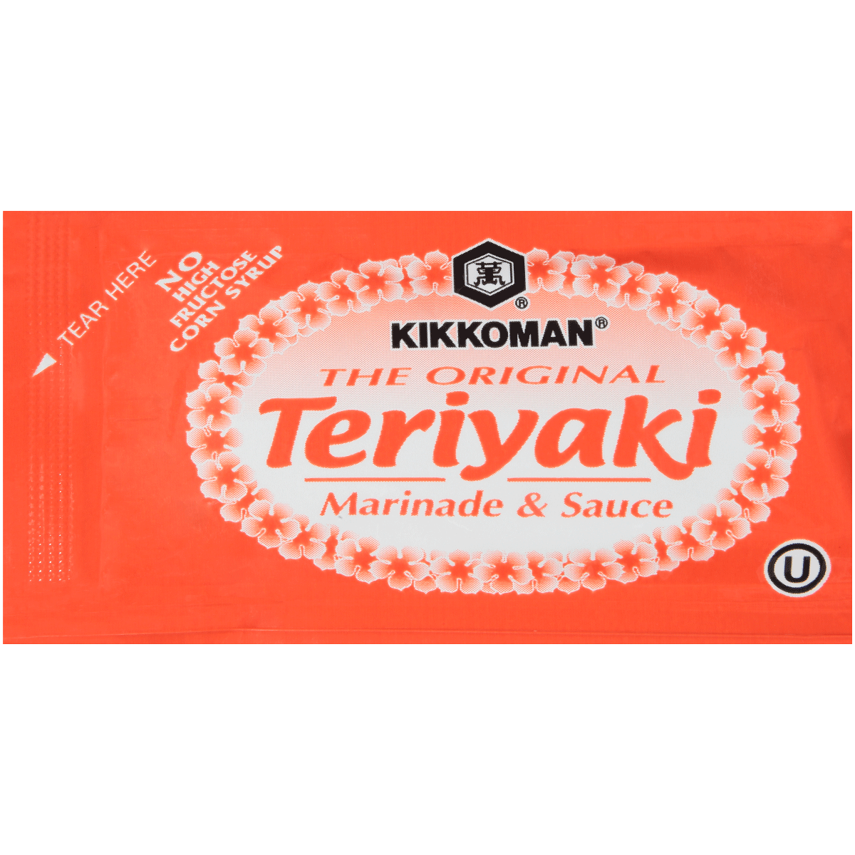 A single-serve packet of Kikkoman The Original Teriyaki Marinade & Sauce with a red floral border and product information on the front.