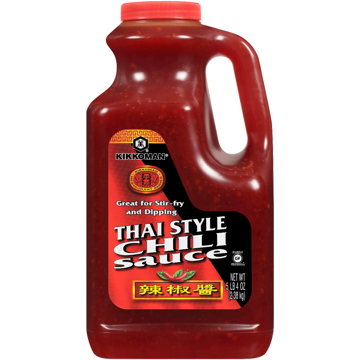 A 5 lb plastic jug of Kikkoman Thai Style Chili Sauce with a handle and red sauce visible inside, labeled for stir-fry and dipping.