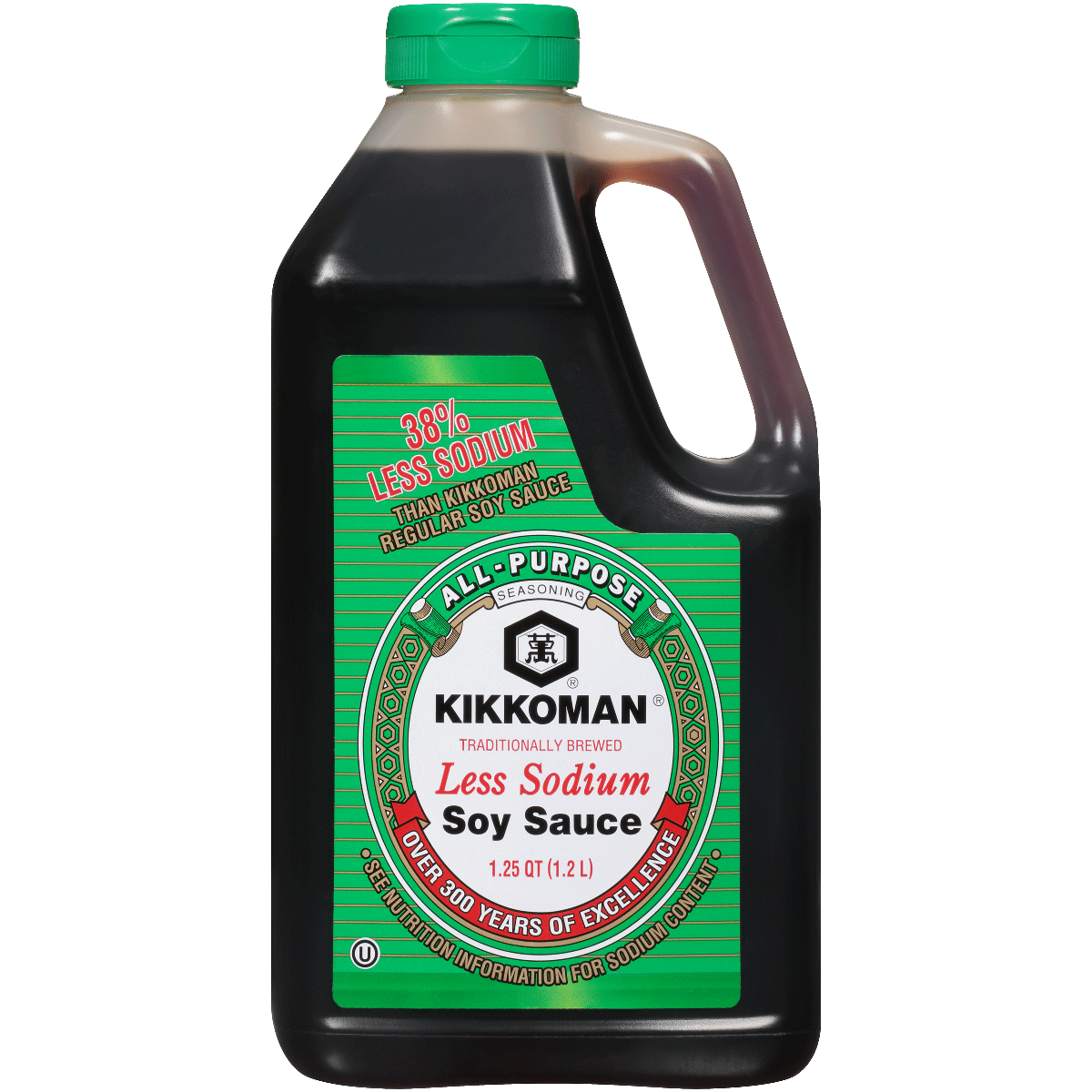 A 1.25-gallon plastic jug of Kikkoman Less Sodium Soy Sauce with a green label stating it contains 39% less sodium than regular soy sauce.