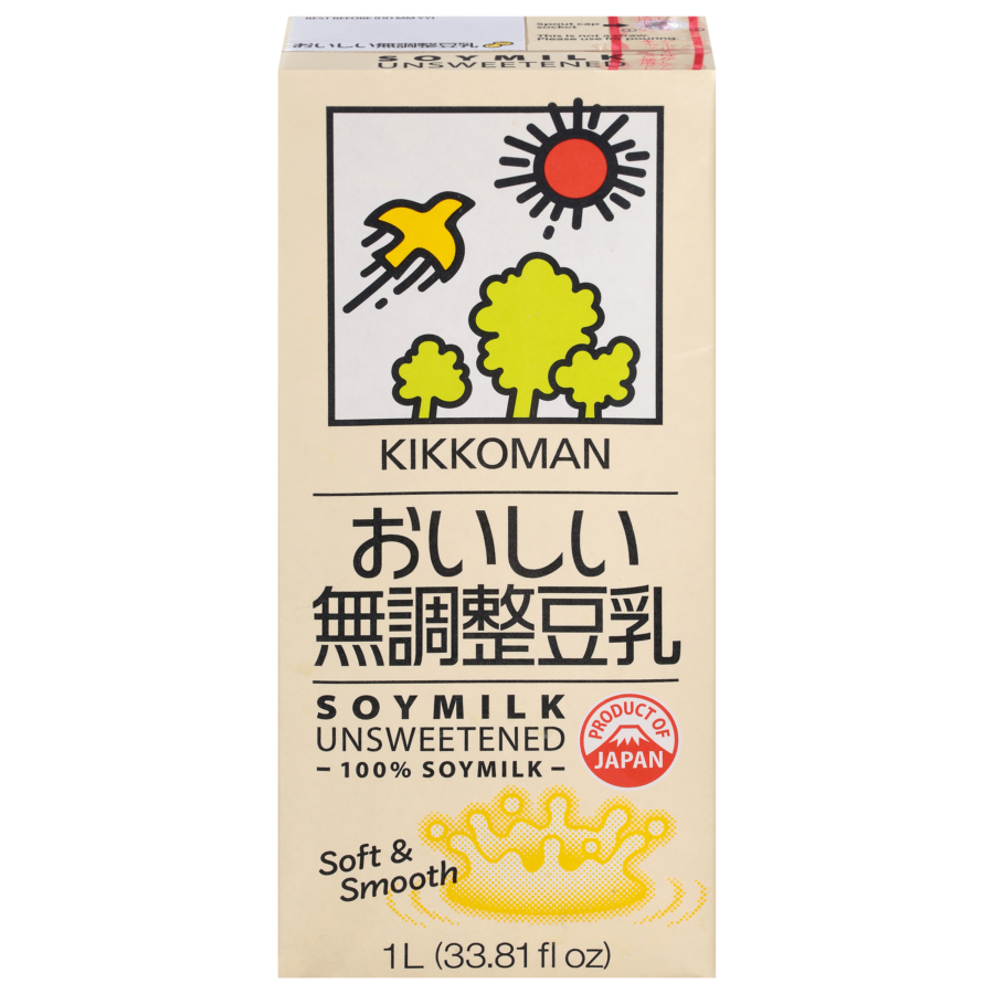 Carton of Kikkoman unsweetened soymilk, 1 liter, with Japanese and English text, an illustration of a tree, sun, and bird, and a red product of Japan label.