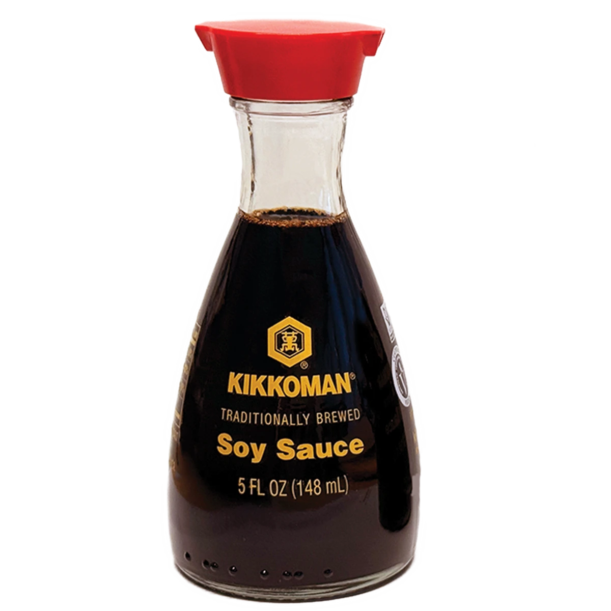 A glass bottle of Kikkoman traditionally brewed soy sauce with a red cap, containing 5 fl oz (148 mL).