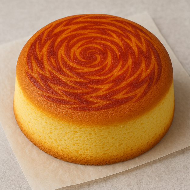 A round, golden-brown sponge cake with a decorative, swirling pattern on top, placed on a piece of parchment paper.