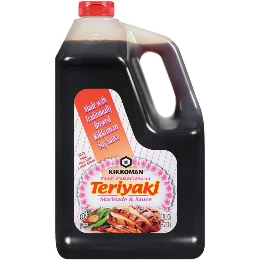 A plastic gallon jug of Kikkoman Teriyaki Marinade & Sauce with a label showing grilled meat and product information.