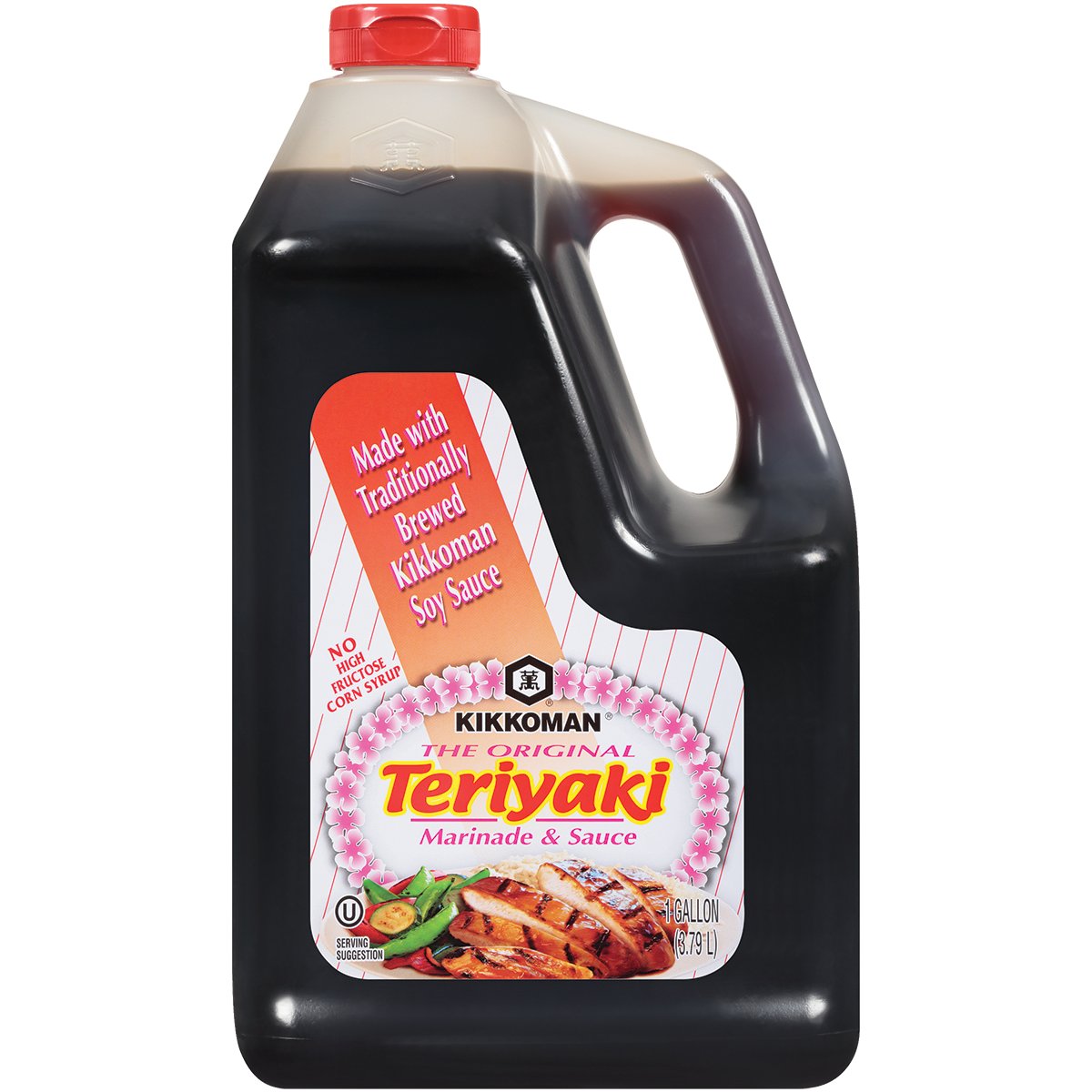A plastic gallon jug of Kikkoman Teriyaki Marinade & Sauce with a label showing grilled meat and product information.