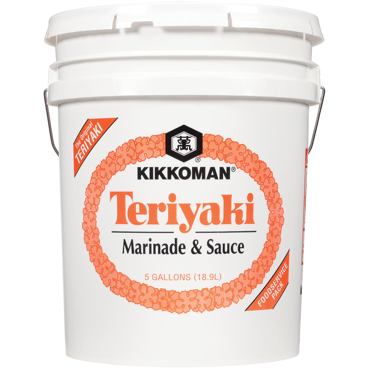 A white 5-gallon bucket labeled "Kikkoman Teriyaki Marinade & Sauce" with orange text and graphics, designed for foodservice use.