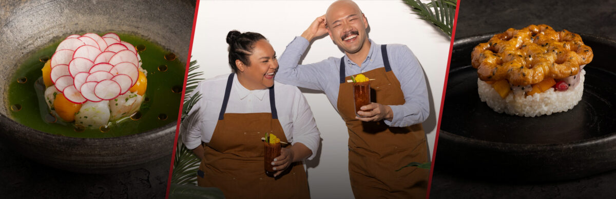 A dish with sliced radishes, two people in brown aprons laughing with drinks, and a plate of rice topped with sea urchin are shown side by side.