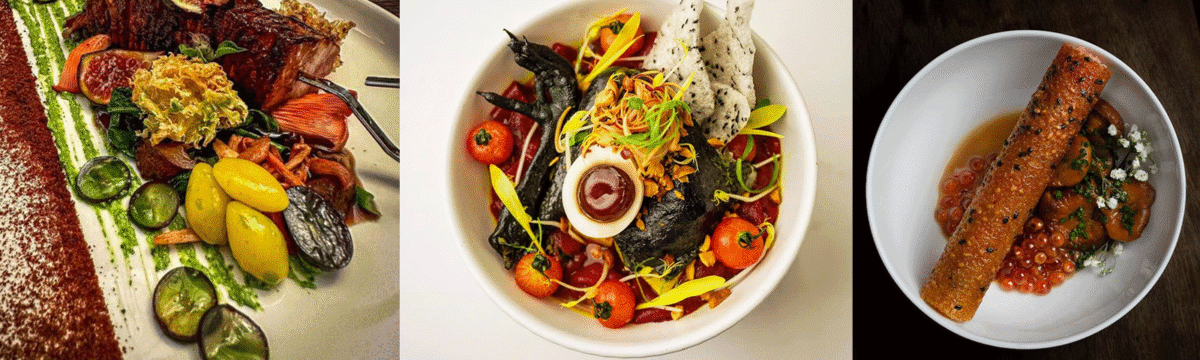 Three plates of gourmet food: a steak dish with assorted vegetables, a colorful noodle bowl with a soft-boiled egg, and a salmon roe dish with a crispy breadstick on top.