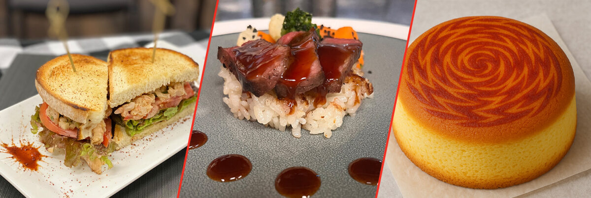 A split image showing a shrimp sandwich, a plate of steak over rice with sauce, and a round cheesecake with a swirled top pattern.