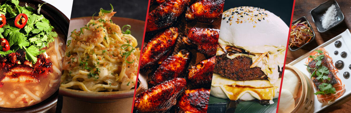 A variety of Asian dishes, including noodle soup, noodles with sauce, grilled chicken wings, a burger in a steamed bun, and an assorted platter with sauces.