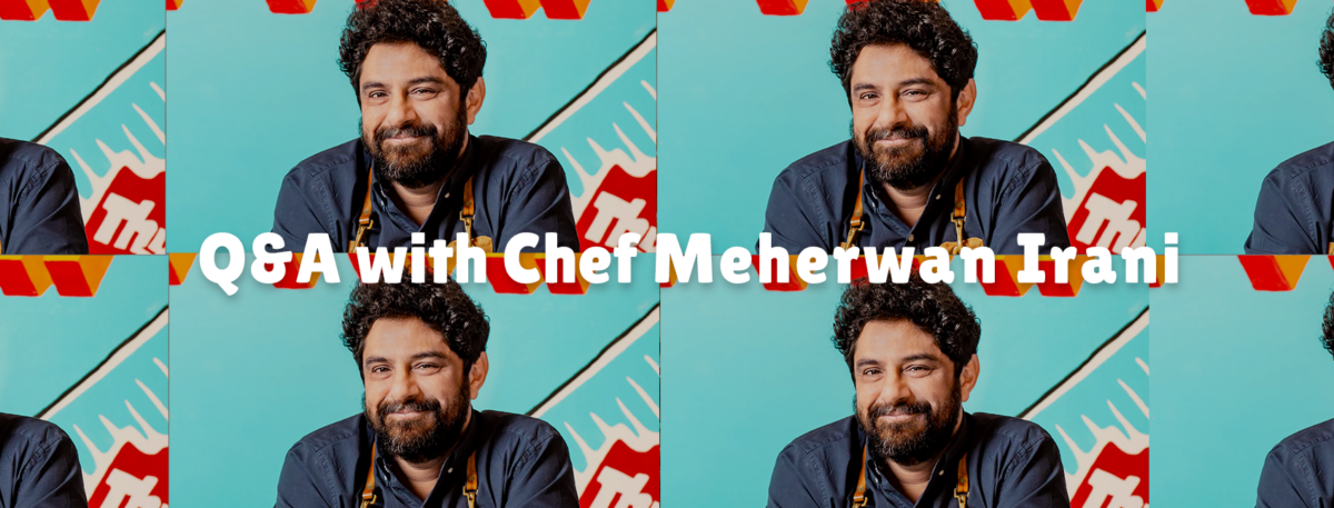 A repeated pattern of a man with dark curly hair and beard, wearing a chef's coat, with text overlay: "Q&A with Chef Meherwan Irani.