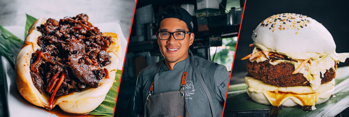 A collage with three sections: a beef sandwich, a chef in uniform standing in a kitchen, and a burger with slaw on a white bun.