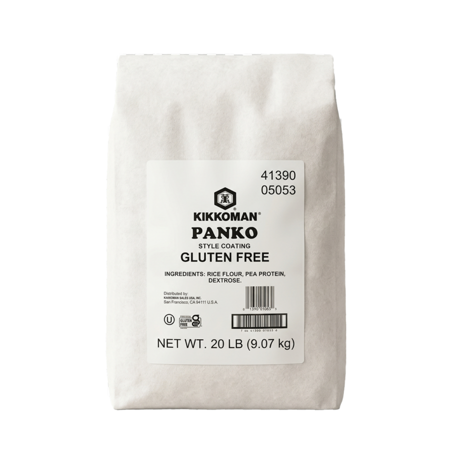 A 20 lb bag of Kikkoman Gluten Free Panko Style Coating, made with rice flour and pea protein, in white packaging with a printed label.