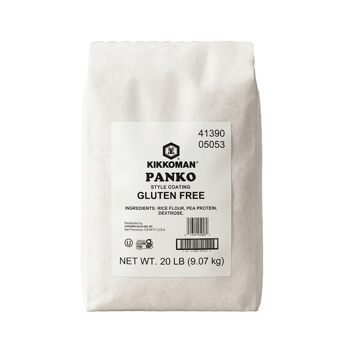 A 20 lb bag of Kikkoman Gluten Free Panko Style Coating, made with rice flour and pea protein, in white packaging with a printed label.