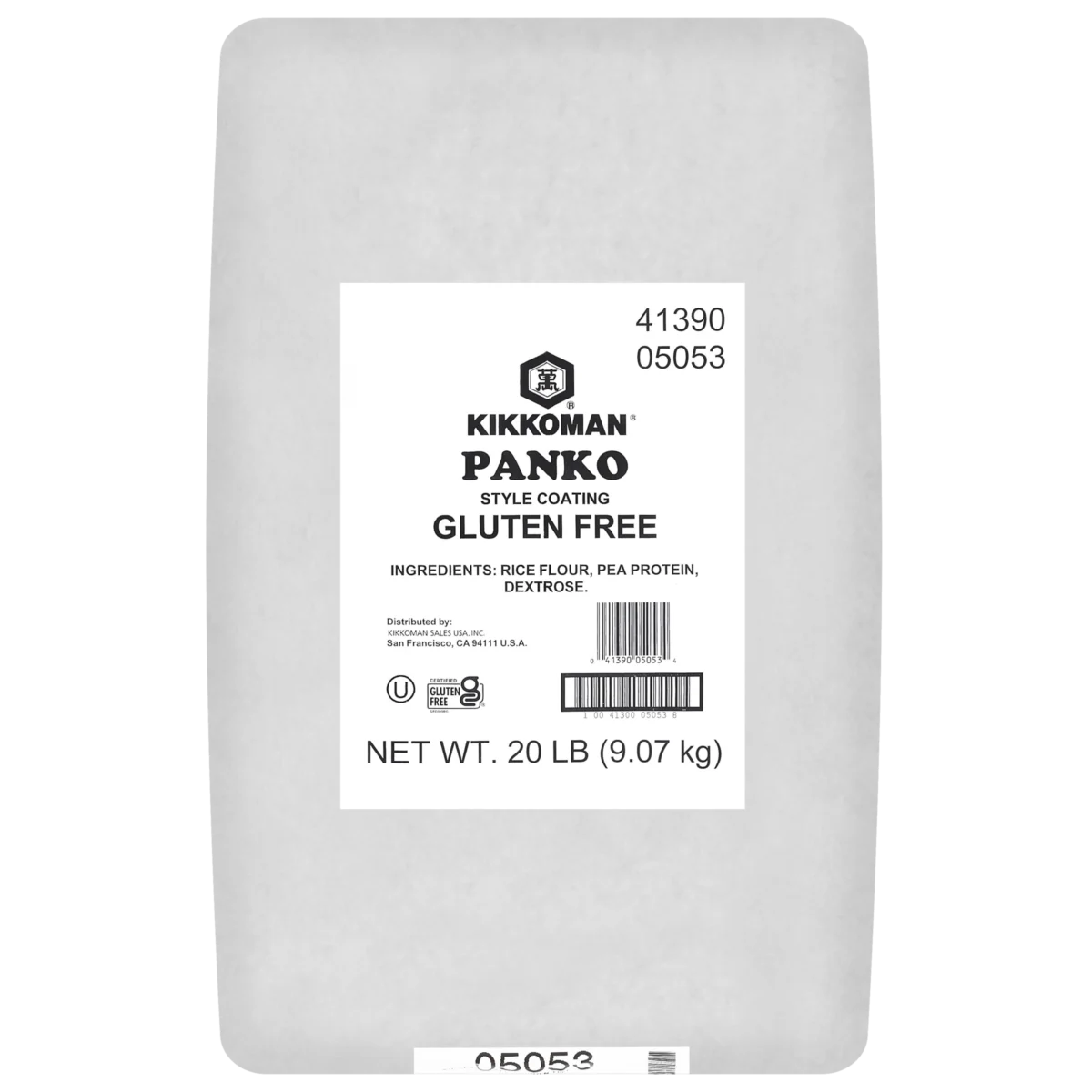 A 20 lb bag of Kikkoman gluten free Panko style coating, made with rice flour, pea protein, and dextrose. The bag is plain with a white label displaying product details.
