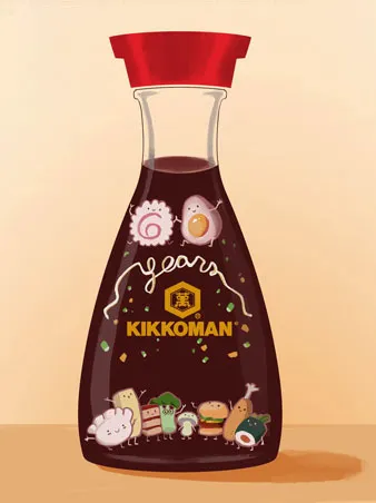 Illustration of a Kikkoman soy sauce bottle with cartoon food characters inside and on the label, celebrating an anniversary.