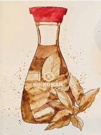 Watercolor illustration of a Kikkoman soy sauce bottle with a red cap, accompanied by several bay leaves in the foreground.