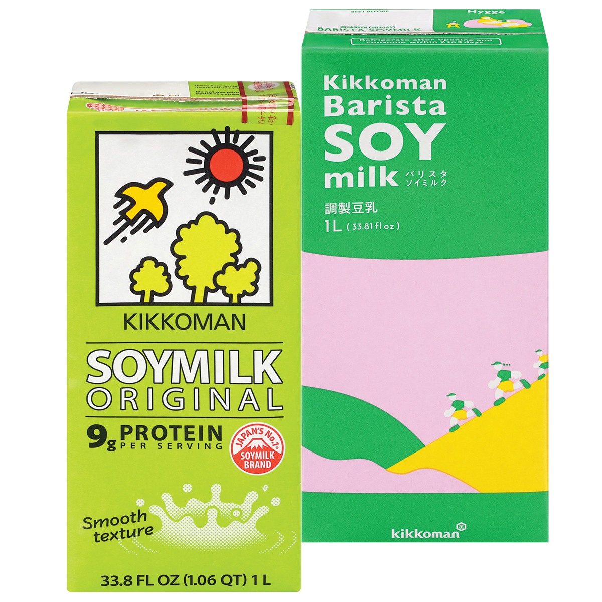 Two 1-liter cartons of Kikkoman soy milk, one labeled "Original Soymilk" with 9g protein, and the other labeled "Barista Soymilk" in green packaging.