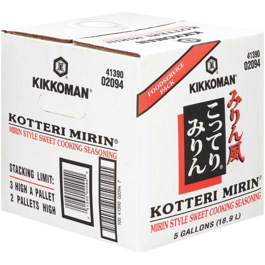 A white cardboard box of Kikkoman Kotteri Mirin sweet cooking seasoning, labeled as a 5-gallon (18.9 L) foodservice pack.