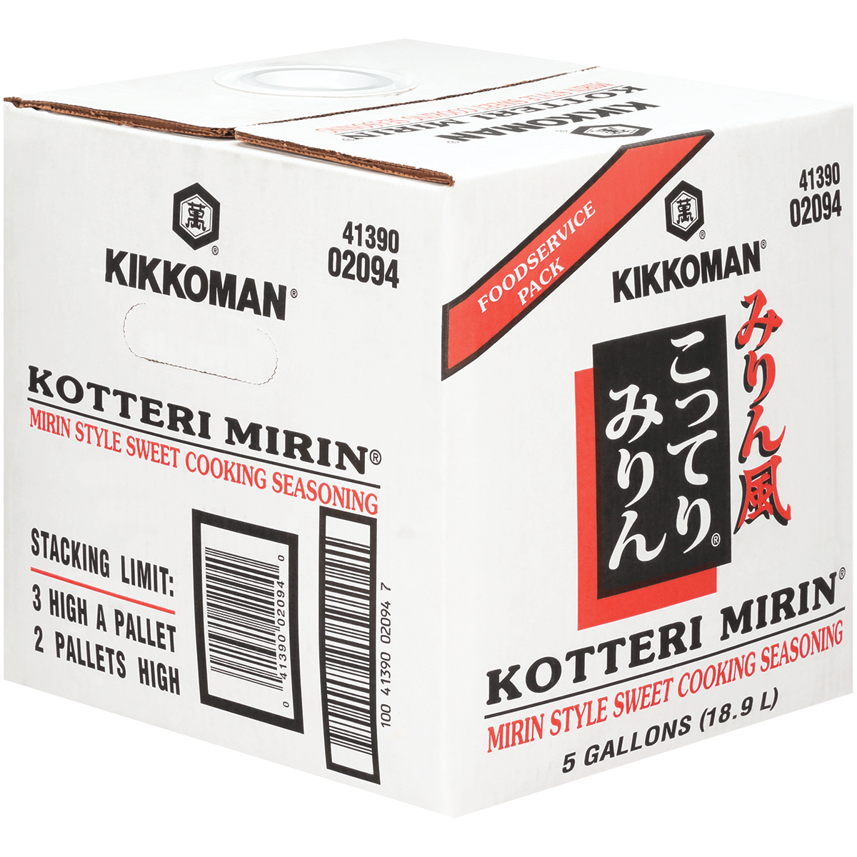 A white cardboard box of Kikkoman Kotteri Mirin sweet cooking seasoning, labeled as a 5-gallon (18.9 L) foodservice pack.
